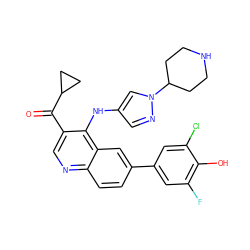 O=C(c1cnc2ccc(-c3cc(F)c(O)c(Cl)c3)cc2c1Nc1cnn(C2CCNCC2)c1)C1CC1 ZINC000114039610