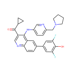 O=C(c1cnc2ccc(-c3cc(F)c(O)c(F)c3)cc2c1Nc1ccc(CN2CCCC2)nc1)C1CC1 ZINC000219363925