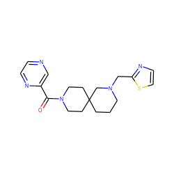 O=C(c1cnccn1)N1CCC2(CCCN(Cc3nccs3)C2)CC1 ZINC000004237997