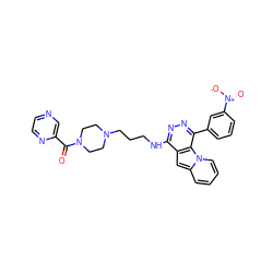 O=C(c1cnccn1)N1CCN(CCCNc2nnc(-c3cccc([N+](=O)[O-])c3)c3c2cc2ccccn23)CC1 ZINC000049781289