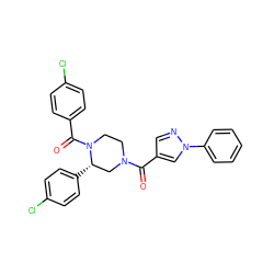 O=C(c1cnn(-c2ccccc2)c1)N1CCN(C(=O)c2ccc(Cl)cc2)[C@@H](c2ccc(Cl)cc2)C1 ZINC001772576880