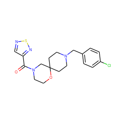 O=C(c1cnsn1)N1CCOC2(CCN(Cc3ccc(Cl)cc3)CC2)C1 ZINC000064573351