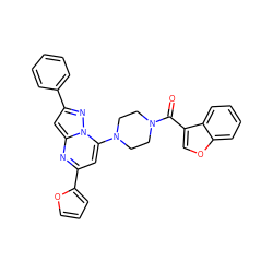 O=C(c1coc2ccccc12)N1CCN(c2cc(-c3ccco3)nc3cc(-c4ccccc4)nn23)CC1 ZINC000095571134