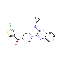 O=C(c1csc(Cl)c1)C1CCN(c2nc3cnccc3nc2NC2CC2)CC1 ZINC000653662934