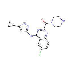 O=C(c1nc(Nc2cc(C3CC3)[nH]n2)c2cc(Cl)ccc2n1)N1CCNCC1 ZINC001772631677