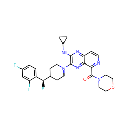 O=C(c1nccc2nc(NC3CC3)c(N3CCC([C@@H](F)c4ccc(F)cc4F)CC3)nc12)N1CCOCC1 ZINC000653662931