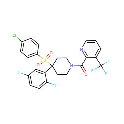 O=C(c1ncccc1C(F)(F)F)N1CCC(c2cc(F)ccc2F)(S(=O)(=O)c2ccc(Cl)cc2)CC1 ZINC000084633788