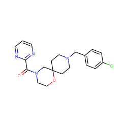 O=C(c1ncccn1)N1CCOC2(CCN(Cc3ccc(Cl)cc3)CC2)C1 ZINC000064559633