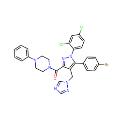 O=C(c1nn(-c2ccc(Cl)cc2Cl)c(-c2ccc(Br)cc2)c1Cn1cncn1)N1CCN(c2ccccc2)CC1 ZINC000049771221