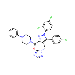 O=C(c1nn(-c2ccc(Cl)cc2Cl)c(-c2ccc(Cl)cc2)c1Cn1cncn1)N1CCN(c2ccccc2)CC1 ZINC000049763266