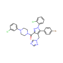 O=C(c1nn(-c2ccccc2Cl)c(-c2ccc(Br)cc2)c1Cn1cncn1)N1CCN(c2cccc(Cl)c2)CC1 ZINC000049761988