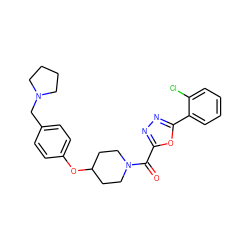 O=C(c1nnc(-c2ccccc2Cl)o1)N1CCC(Oc2ccc(CN3CCCC3)cc2)CC1 ZINC000653727857