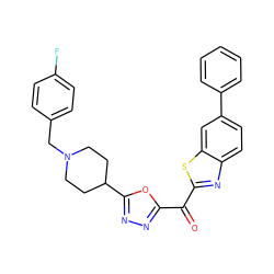 O=C(c1nnc(C2CCN(Cc3ccc(F)cc3)CC2)o1)c1nc2ccc(-c3ccccc3)cc2s1 ZINC001772653137