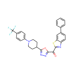 O=C(c1nnc(C2CCN(c3ccc(C(F)(F)F)cc3)CC2)o1)c1nc2ccc(-c3ccccc3)cc2s1 ZINC001772603170