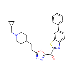 O=C(c1nnc(CCC2CCN(CC3CC3)CC2)o1)c1nc2ccc(-c3ccccc3)cc2s1 ZINC001772653386