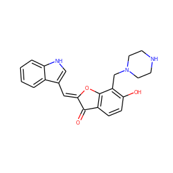 O=C1/C(=C/c2c[nH]c3ccccc23)Oc2c1ccc(O)c2CN1CCNCC1 ZINC000095560759