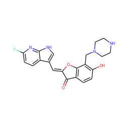 O=C1/C(=C/c2c[nH]c3nc(F)ccc23)Oc2c1ccc(O)c2CN1CCNCC1 ZINC001772633100