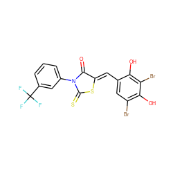 O=C1/C(=C/c2cc(Br)c(O)c(Br)c2O)SC(=S)N1c1cccc(C(F)(F)F)c1 ZINC000044387754