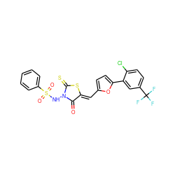 O=C1/C(=C/c2ccc(-c3cc(C(F)(F)F)ccc3Cl)o2)SC(=S)N1NS(=O)(=O)c1ccccc1 ZINC000028568637