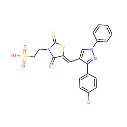 O=C1/C(=C/c2cn(-c3ccccc3)nc2-c2ccc(Cl)cc2)SC(=S)N1CCS(=O)(=O)O ZINC000026967571