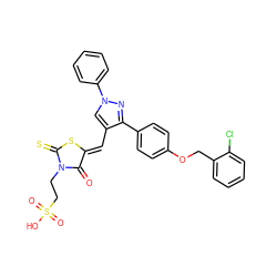 O=C1/C(=C/c2cn(-c3ccccc3)nc2-c2ccc(OCc3ccccc3Cl)cc2)SC(=S)N1CCS(=O)(=O)O ZINC000049694485