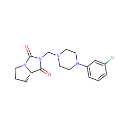 O=C1[C@@H]2CCCN2C(=O)N1CN1CCN(c2cccc(Cl)c2)CC1 ZINC000013760032