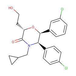O=C1[C@H](CCO)O[C@@H](c2cccc(Cl)c2)[C@@H](c2ccc(Cl)cc2)N1CC1CC1 ZINC000095602209