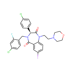 O=C1[C@H](c2ccc(Cl)cc2)N(Cc2ccc(Cl)cc2F)C(=O)c2cc(I)ccc2N1CCN1CCOCC1 ZINC000038377665