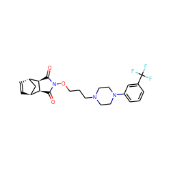 O=C1[C@H]2[C@H]3C=C[C@@H](C3)[C@H]2C(=O)N1OCCCN1CCN(c2cccc(C(F)(F)F)c2)CC1 ZINC000101023864