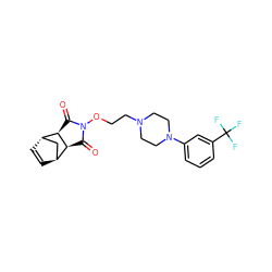 O=C1[C@H]2[C@H]3C=C[C@@H](C3)[C@H]2C(=O)N1OCCN1CCN(c2cccc(C(F)(F)F)c2)CC1 ZINC000101050077