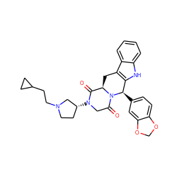 O=C1[C@H]2Cc3c([nH]c4ccccc34)[C@@H](c3ccc4c(c3)OCO4)N2C(=O)CN1[C@@H]1CCN(CCC2CC2)C1 ZINC000029221176