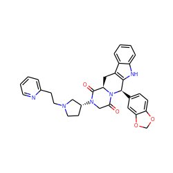 O=C1[C@H]2Cc3c([nH]c4ccccc34)[C@@H](c3ccc4c(c3)OCO4)N2C(=O)CN1[C@@H]1CCN(CCc2ccccn2)C1 ZINC000029221592