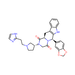 O=C1[C@H]2Cc3c([nH]c4ccccc34)[C@@H](c3ccc4c(c3)OCO4)N2C(=O)CN1[C@@H]1CCN(CCc2ncc[nH]2)C1 ZINC000029219784