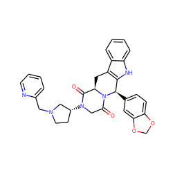 O=C1[C@H]2Cc3c([nH]c4ccccc34)[C@@H](c3ccc4c(c3)OCO4)N2C(=O)CN1[C@@H]1CCN(Cc2ccccn2)C1 ZINC000084633330