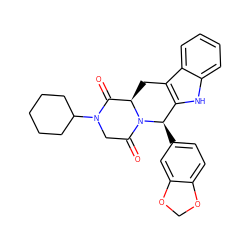 O=C1[C@H]2Cc3c([nH]c4ccccc34)[C@@H](c3ccc4c(c3)OCO4)N2C(=O)CN1C1CCCCC1 ZINC000013528017