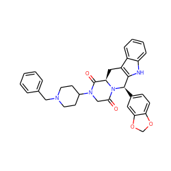 O=C1[C@H]2Cc3c([nH]c4ccccc34)[C@@H](c3ccc4c(c3)OCO4)N2C(=O)CN1C1CCN(Cc2ccccc2)CC1 ZINC000029220473