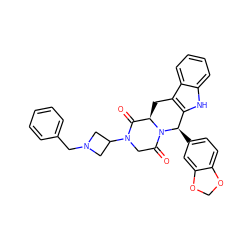 O=C1[C@H]2Cc3c([nH]c4ccccc34)[C@@H](c3ccc4c(c3)OCO4)N2C(=O)CN1C1CN(Cc2ccccc2)C1 ZINC000029219399