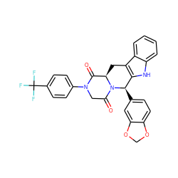 O=C1[C@H]2Cc3c([nH]c4ccccc34)[C@@H](c3ccc4c(c3)OCO4)N2C(=O)CN1c1ccc(C(F)(F)F)cc1 ZINC000028885226