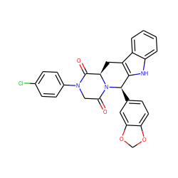 O=C1[C@H]2Cc3c([nH]c4ccccc34)[C@@H](c3ccc4c(c3)OCO4)N2C(=O)CN1c1ccc(Cl)cc1 ZINC000028885179