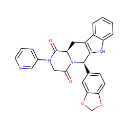 O=C1[C@H]2Cc3c([nH]c4ccccc34)[C@@H](c3ccc4c(c3)OCO4)N2C(=O)CN1c1cccnc1 ZINC000028885189