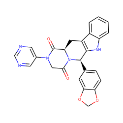 O=C1[C@H]2Cc3c([nH]c4ccccc34)[C@@H](c3ccc4c(c3)OCO4)N2C(=O)CN1c1cncnc1 ZINC000028885253