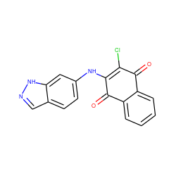 O=C1C(Cl)=C(Nc2ccc3cn[nH]c3c2)C(=O)c2ccccc21 ZINC000004822288