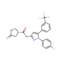 O=C1C[C@@H](C(=O)Nc2cc(-c3cccc(C(F)(F)F)c3)n(-c3ccc(F)cc3)n2)CN1 ZINC000169707143