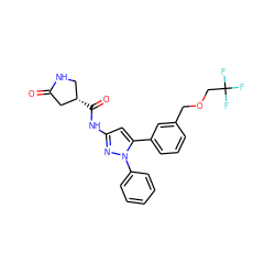 O=C1C[C@@H](C(=O)Nc2cc(-c3cccc(COCC(F)(F)F)c3)n(-c3ccccc3)n2)CN1 ZINC000169707197