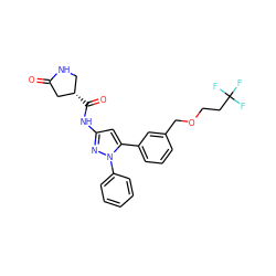 O=C1C[C@@H](C(=O)Nc2cc(-c3cccc(COCCC(F)(F)F)c3)n(-c3ccccc3)n2)CN1 ZINC000169707199