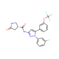 O=C1C[C@@H](C(=O)Nc2cc(-c3cccc(OC(F)(F)F)c3)n(-c3cccc(F)c3)n2)CN1 ZINC000169707096