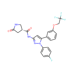 O=C1C[C@@H](C(=O)Nc2cc(-c3cccc(OCC(F)(F)F)c3)n(-c3ccc(F)cc3)n2)CN1 ZINC000169707150