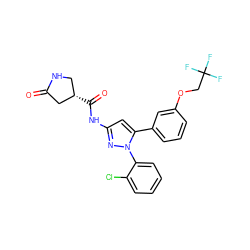 O=C1C[C@@H](C(=O)Nc2cc(-c3cccc(OCC(F)(F)F)c3)n(-c3ccccc3Cl)n2)CN1 ZINC000169707153