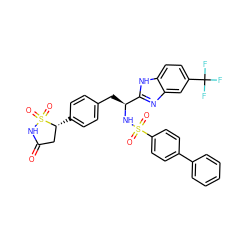 O=C1C[C@@H](c2ccc(C[C@H](NS(=O)(=O)c3ccc(-c4ccccc4)cc3)c3nc4cc(C(F)(F)F)ccc4[nH]3)cc2)S(=O)(=O)N1 ZINC000036748838