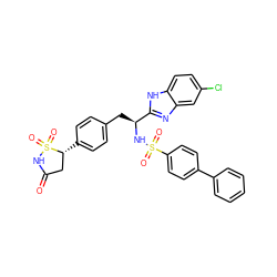 O=C1C[C@@H](c2ccc(C[C@H](NS(=O)(=O)c3ccc(-c4ccccc4)cc3)c3nc4cc(Cl)ccc4[nH]3)cc2)S(=O)(=O)N1 ZINC000036088600